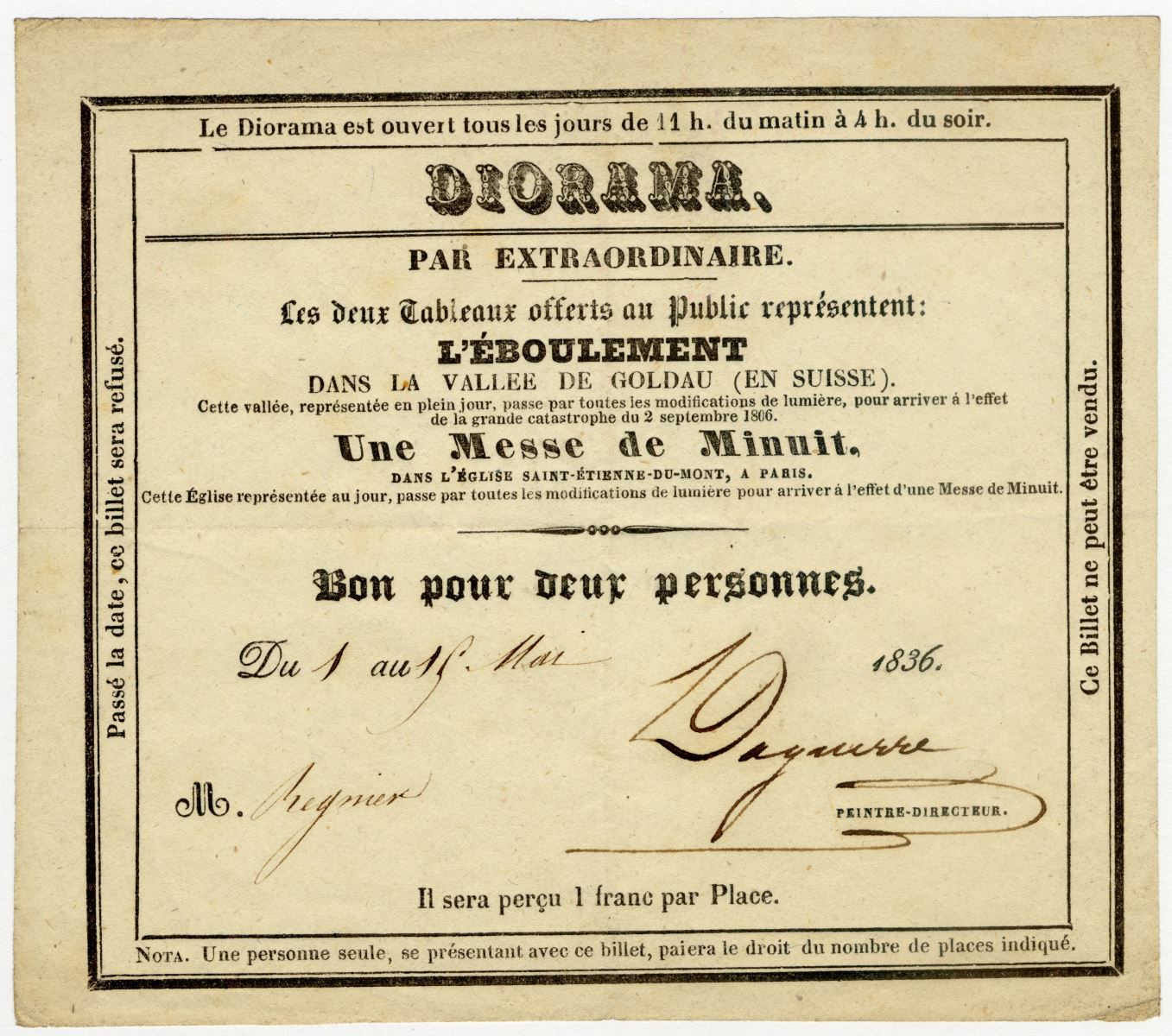 Billet d'entrée pour deux personnes pour une séance du Diorama de Paris
