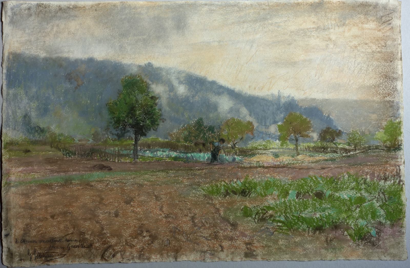 Paysage avec un paysan bêchant