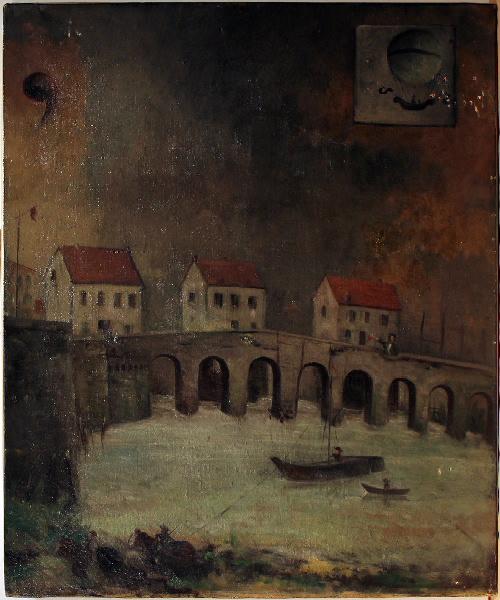 Copie d'une enseigne trouvée en 1888 sur la maison du maître des ponts de la logette. Le maître commande la manoeuvre. En haut à gauche, la virgule représente le 1er ballon enlevé; celui-ci est passé à Pontoise. Le ballon peint plus tard fit voir que la virgule était un ballon.