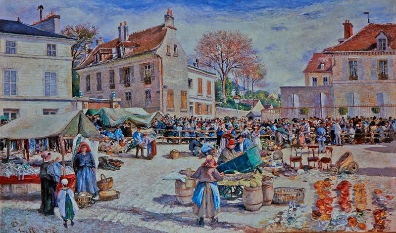 Le Marché aux volailles ; Place de l'Hôtel de Ville à Pontoise, un jour de marché