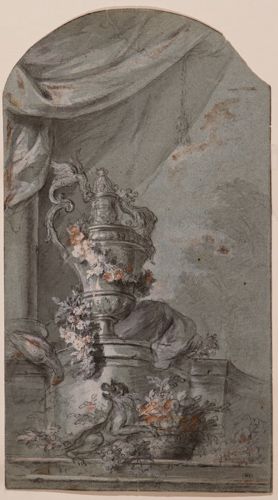 Décor théâtral avec grand vase et animaux