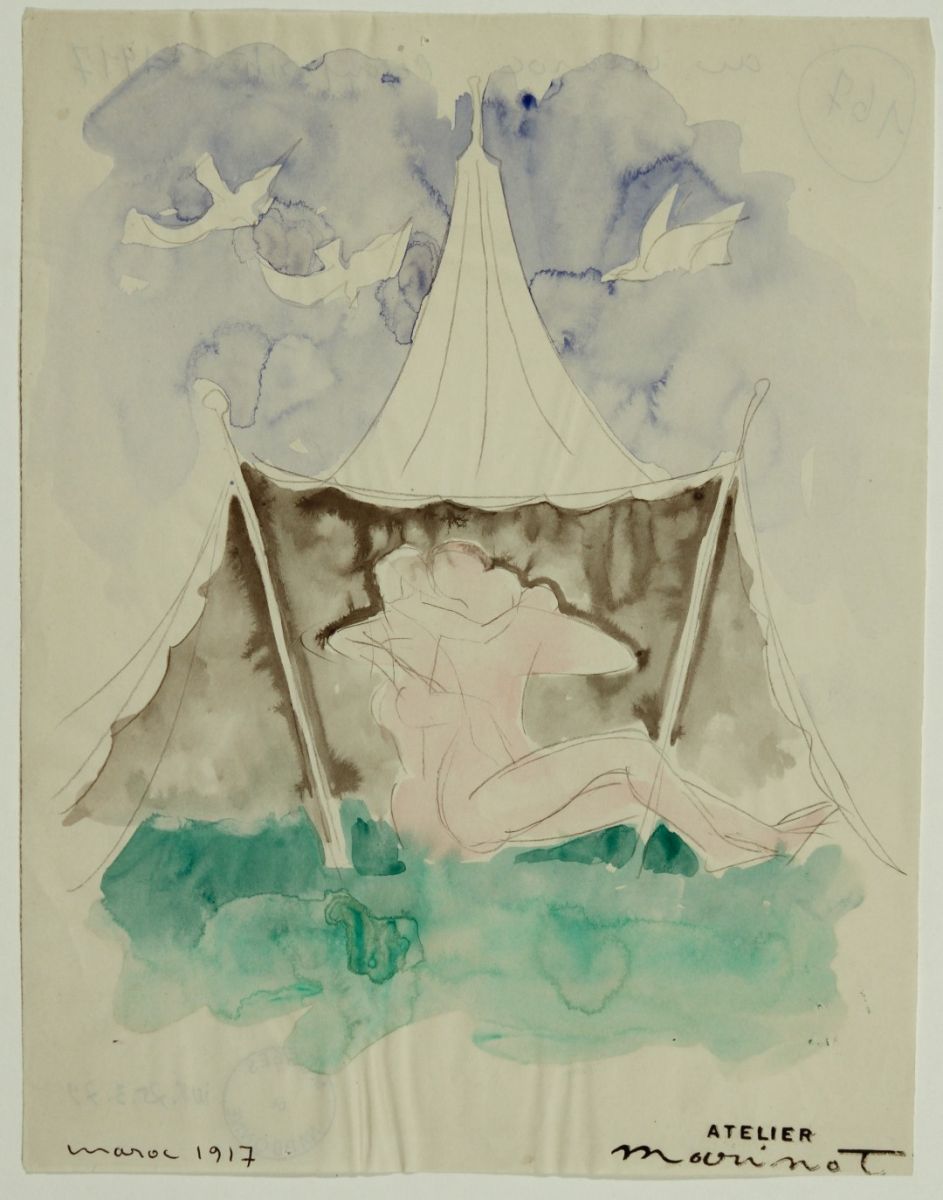 Au Maroc, composition: femme et enfant sous une tente (titre inscrit)