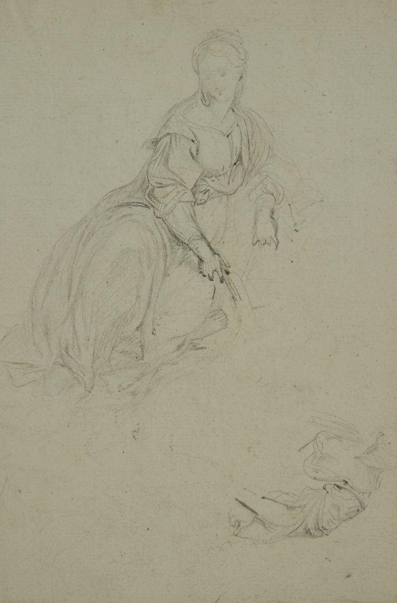 Femme en robe, assise et pensive, étude de buste