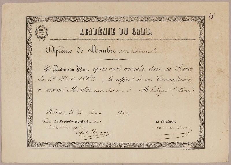 Diplôme de membre de l'Académie du Gard (Diplôme de membre non résidant)