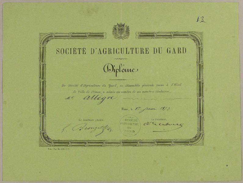 Diplôme de la société d'agriculture du Gard