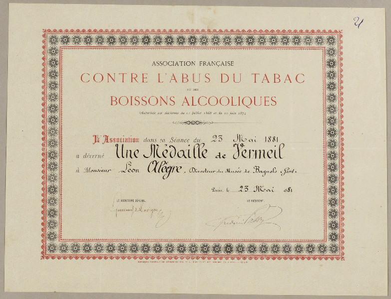 Diplôme de médaille de vermeil de l'association française contre l'abus du tabac et des boissons alcooliques