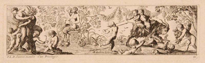 Frises romaines des cortèges sacrificiels et des bacchanales (11) : Combat entre amours et satyres ; Enlèvement d'une bacchante par un satyre