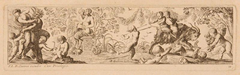 Frises romaines des cortèges sacrificiels et des bacchanales (11) : Combat entre amours et satyres ; Enlèvement d'une bacchante par un satyre