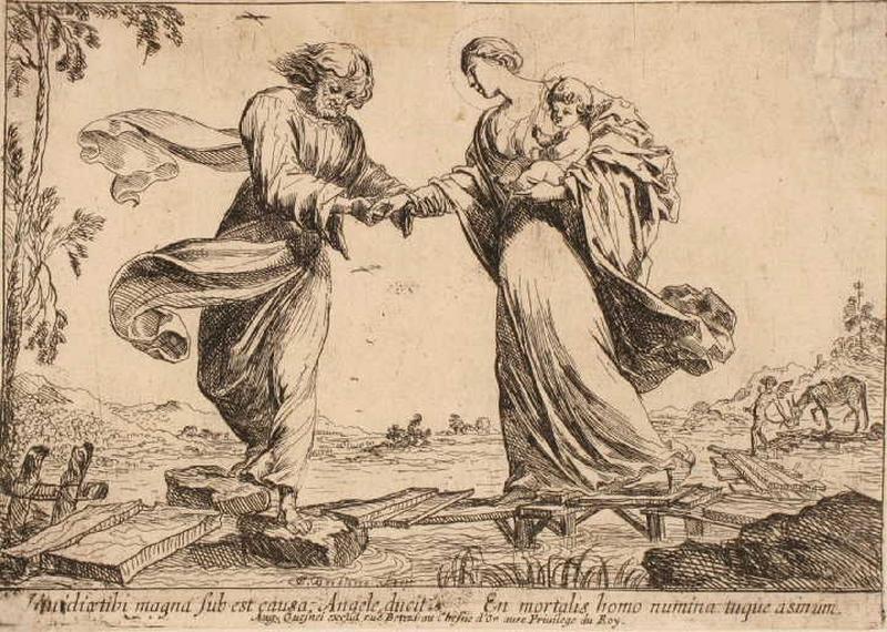 Saint Joseph aidant la Vierge à traverser un pont