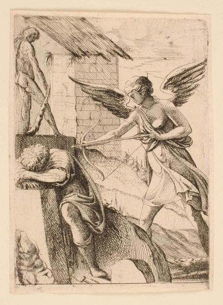 Génie ailé décochant une flèche vers un sculpteur assoupi près de la statue d'Hercule