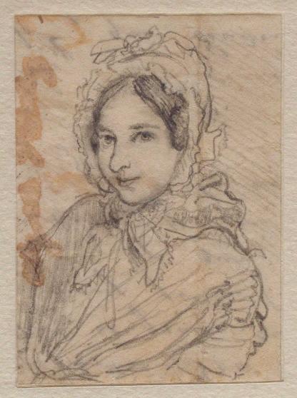 Portrait de femme en bonnet de face (Portrait de Céline Lhuillier) ; au verso : brouillon de lettre à l'encre