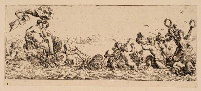 Ensemble dit Petites frises : Deux femmes assises dans une coquille ; Triomphes marins 1