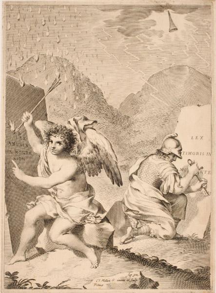 Titre-frontispice ; Ange et soldat gravant des stèles