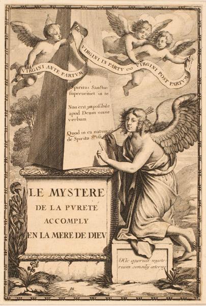 Titre-frontispice ; Ange gravant le titre à la pointe d'une flèche