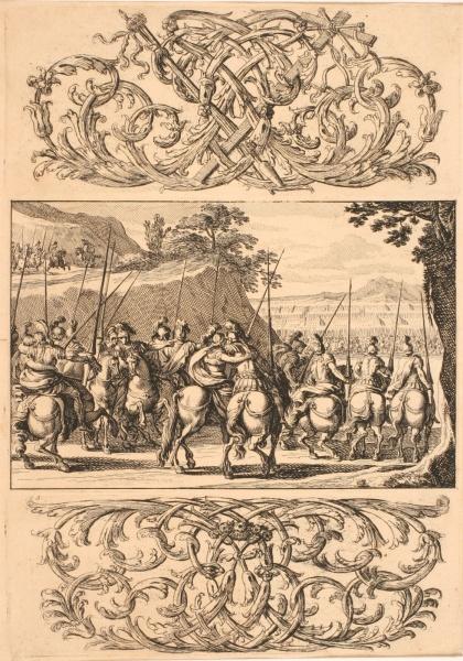 Aigoland et Argine s'embrassant avant le combat ; Combat contre les païens