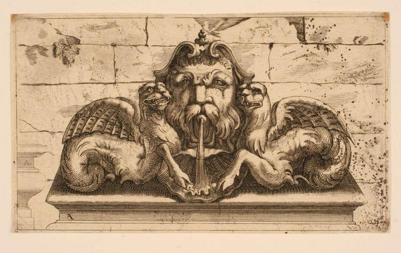 Fontaine formée d'un mascaron barbu entre deux monstres marins