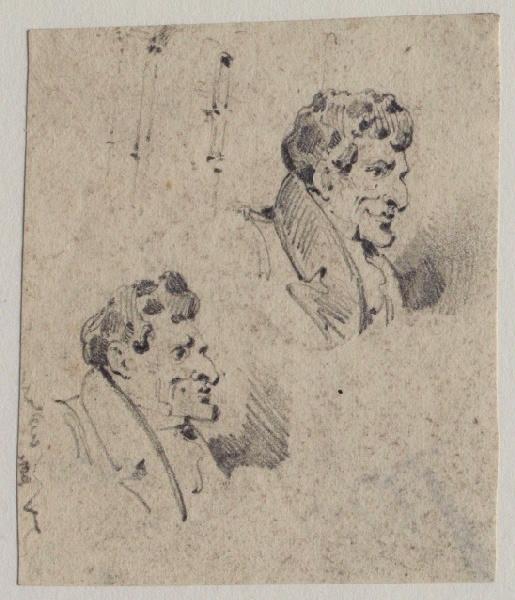 Deux bustes d'homme au nez crochu de profil ; au verso : une jambe au crayon noir