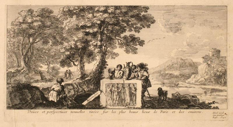 Feuille de titre intitulée 'Veuës et perspectiues nouuelles tirées sur les plus beaux lieux de Paris et des enuirons', Paris, Israël Silvestre, 1645