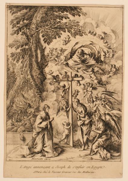 Ange désignant à Joseph le chemin vers l'Egypte ; Enfant Jésus embrassant la Croix portée par les anges