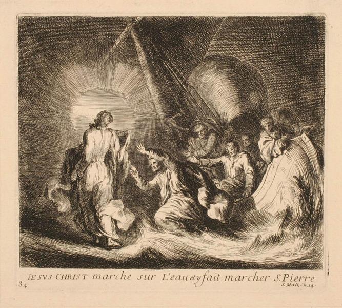 Miracles de la vie de Jésus-Christ (Planche 34) : IESVS CHRIST marche sur L'eau et y fait marcher S. Pierre