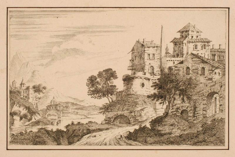 Paysage montagneux avec village et château