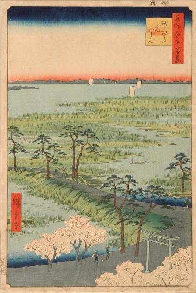 Cent vues de sites célèbres d'Edo : Le sanctuaire shintô de Hachimangû à Sunamura