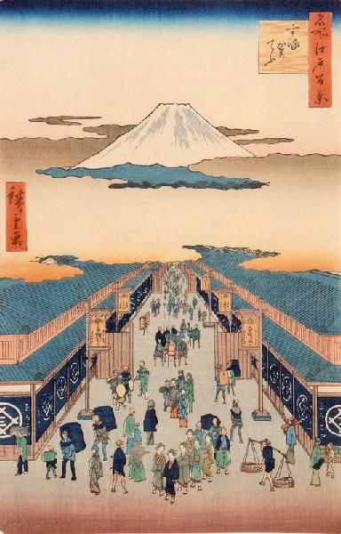 Cent vues de sites célèbres d'Edo : Grande rue à Surugachô avec un panorama de Mont Fuji