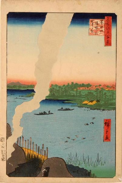 Cent vues de sites célèbres d'Edo : Four à tuiles près de la rivière Sumida-gawa