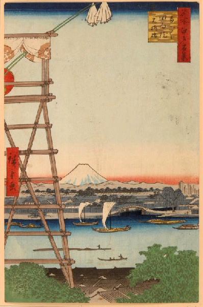 Cent vues de sites célèbres d'Edo : Le pont Yanagi-bashi sur la rivière Sumida-gawa