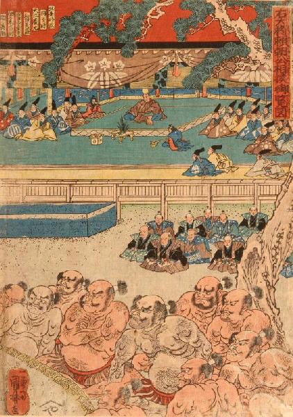 Yoritomo assistant au combat de sumo entre Chôkyô et Chikatsune arbitré par Ogata Saburo Masayoshi
