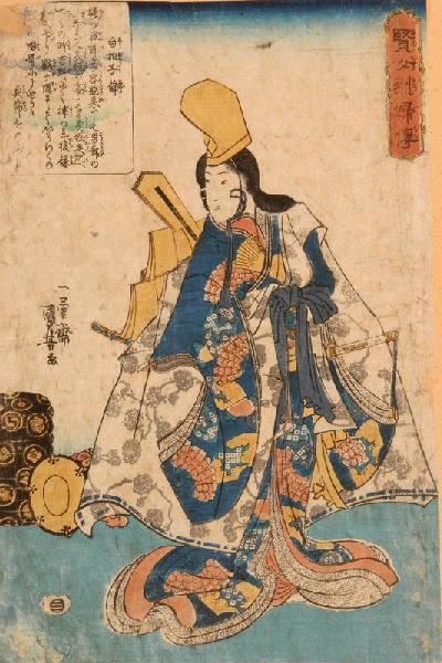Histoires de femmes sages et épouses fidèles : planche 19 : Shizuka Gozen vêtue de la robe complète d'un shirabyôshi, dans laquelle elle dansait devant Yoritomo à Tsuru-ga-oka