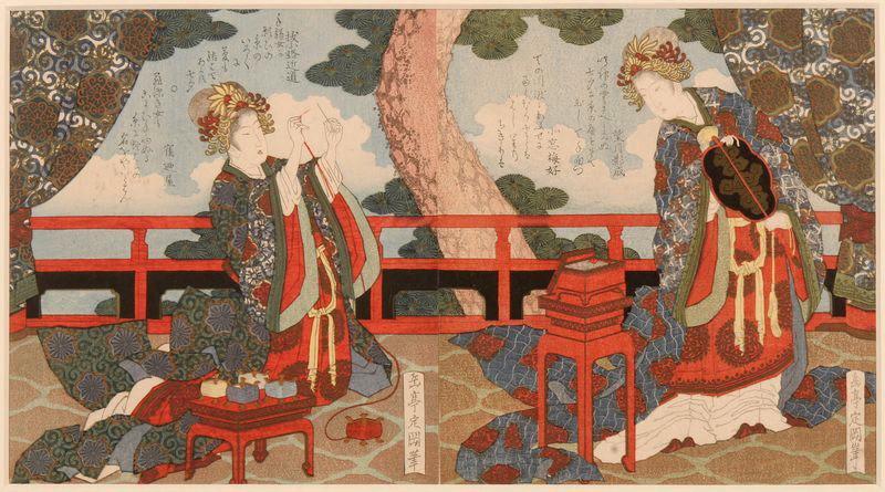 Femmes chinoises enfilant une aiguille et observant une toile d'araignée dans une boîte