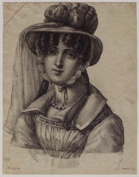 Jeune femme au voile blanc (soeur de Grandville) ; au verso : croquis d'un homme sur un pont sortant d'arbres