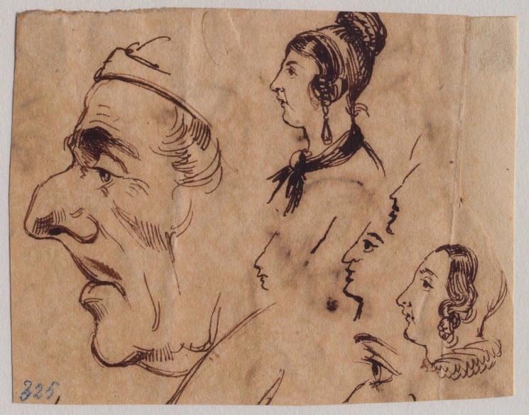 Un homme et deux femmes de profil ; au verso : études de tulipes à l'encre