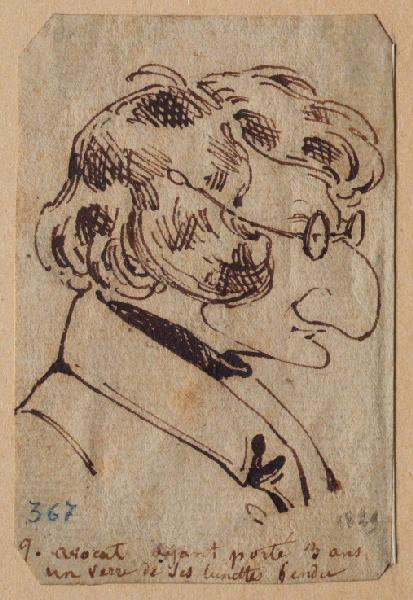 Portraits charge : J. avocat ayant porté trois ans un verre de ses lunettes fendu