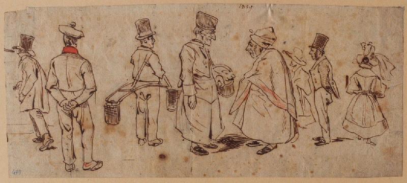 rue dans Paris : Ouvriers, bourgeois, porteur d'eau et deux religieux dans la rue ; au verso : essai au crayon noir