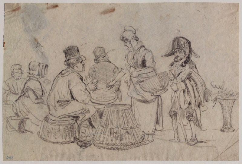 Vendeur d'oeufs au marché (au verso : essais au crayon noir)