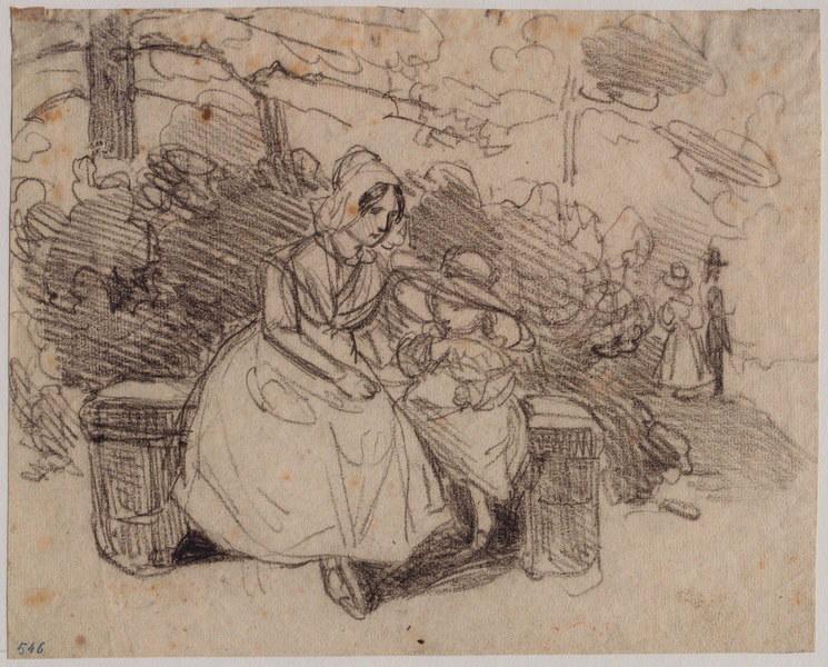 Petite fille et sa gouvernante sur un banc ; au verso : traits de frottis et pierre noire