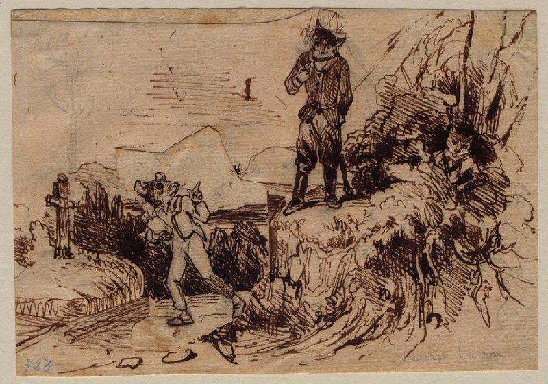 Cent proverbes : Un chat botté et un rat s'enfuyant avec un sac ; au verso : traits à la mine de plomb