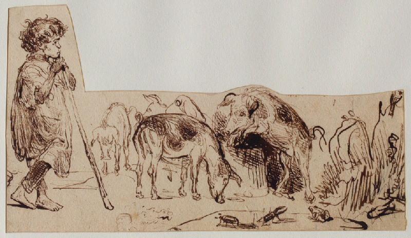 Enfant gardant des porcs (au verso : deux additions à l'encre et une liste de comptes au crayon)