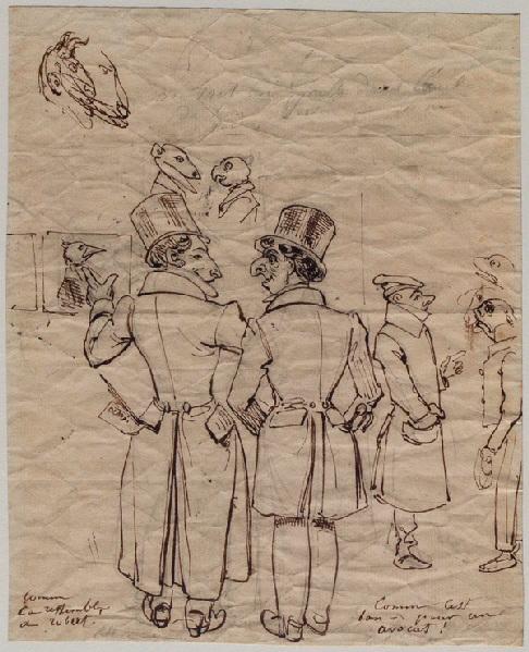 Cent proverbes : On voit une paille dans l'oeil de son voisin... ; au verso : un garçon, des jambes et arcades gothiques