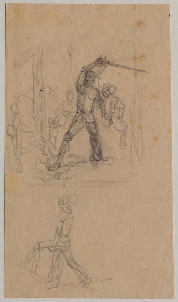 L'ingénieux chevalier don Quichotte de la Manche : Don Quichotte brandissant son épée ; au verso : un arbre - mine de plomb