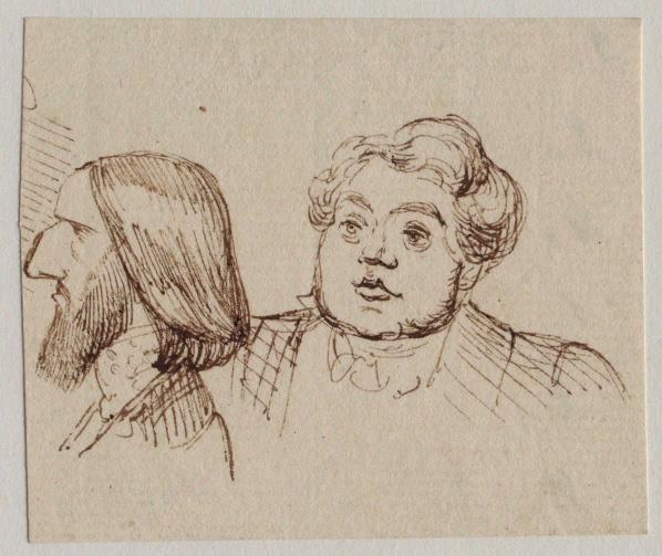 Un portrait d'homme de profil et un romantique de face ; au verso : quelques chiffres à l'encre