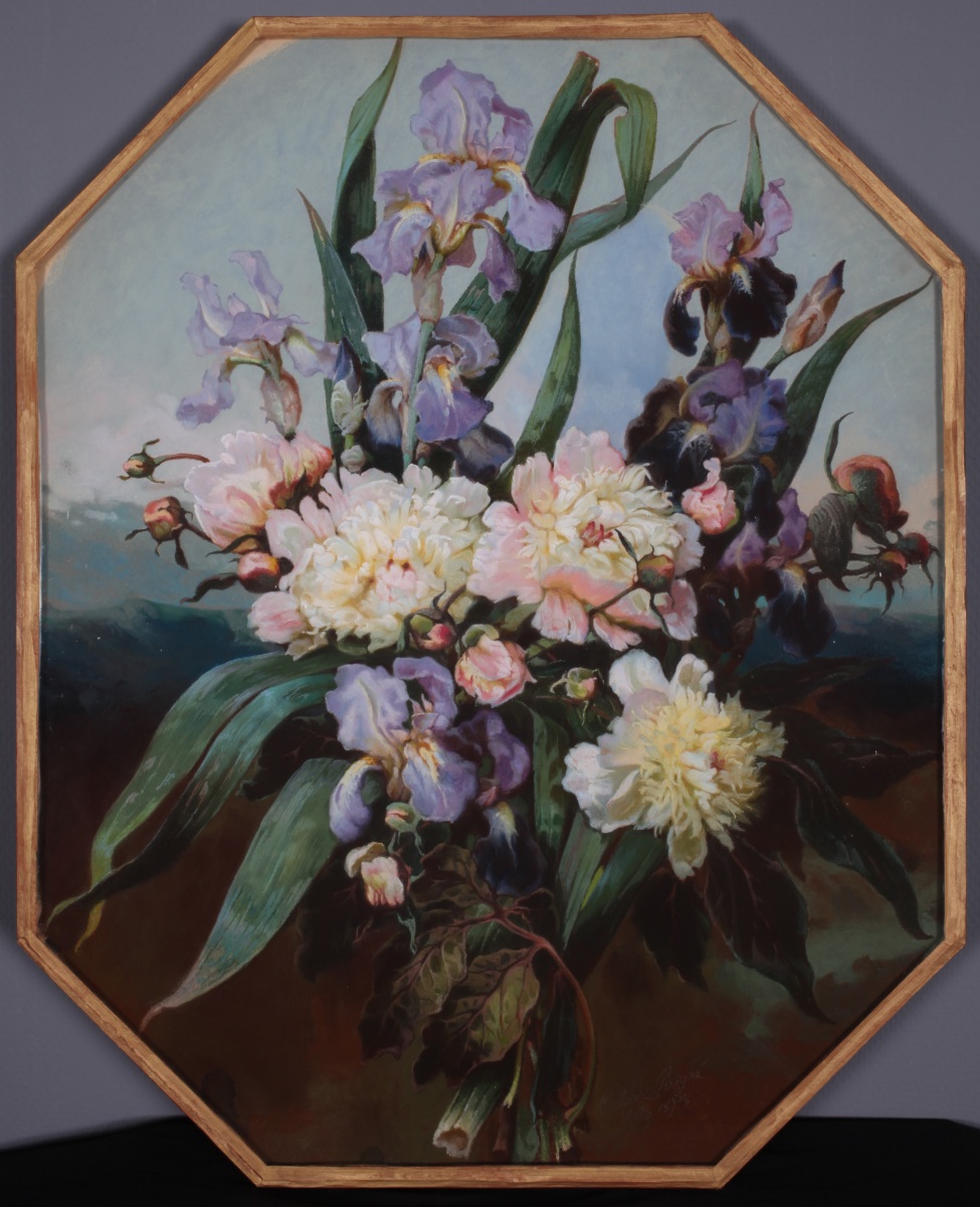 Bouquet d'iris et de pivoines ; Fleurs