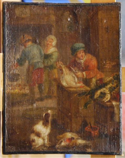Dans une cuisine hollandaise (Un garçon et une fille sont occupés devant la cheminée et un autre garçon égorge une volaille. Description extraite du catalogue Masson (1879).)