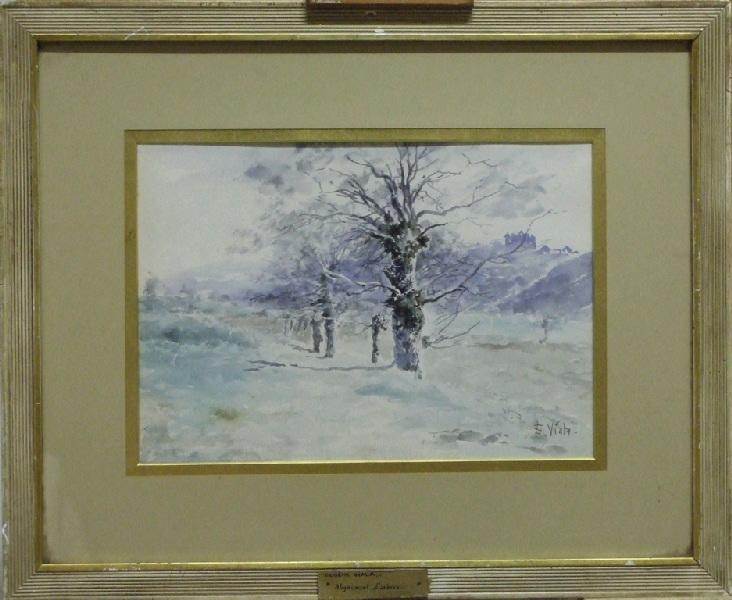 Alignement d'arbres (Château esquissé au fond)