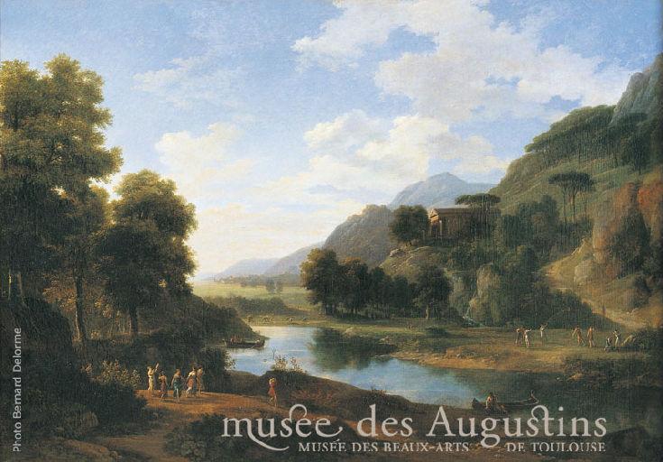 Paysage historique ; les habitants des montagnes du Taygete célèbrent une fête dans le temple de Bacchus
