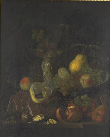 Nature morte de fruits. Raisins, grenades et melons