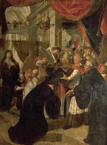 Saint Augustin reçoit l'habit monastique des mains de saint Ambroise et de saint Simplicien