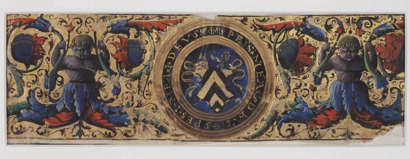 Antiphonaire de Mirepoix : Bandeau aux armes de Philippe de Lévis, évêque de Mirepoix, blason : SPES MEA DEUS